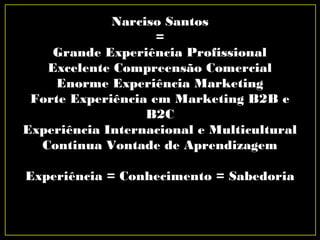Narciso Santos
=
Grande Experiência Profissional
Excelente Compreensão Comercial
Enorme Experiência Marketing
Forte Experiência em Marketing B2B e
B2C
Experiência Internacional e Multicultural
Continua Vontade de Aprendizagem
Experiência = Conhecimento = Sabedoria
 