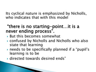 Its cyclical nature is emphasized by Nicholls,
who indicates that with this model
“there is no starting-point…it is a
never ending process”.
 But this becomes somewhat
 confused by Nicholls and Nicholls who also
state that learning
 needs to be specifically planned if a “pupil’s
learning is to be
 directed towards desired ends”
 