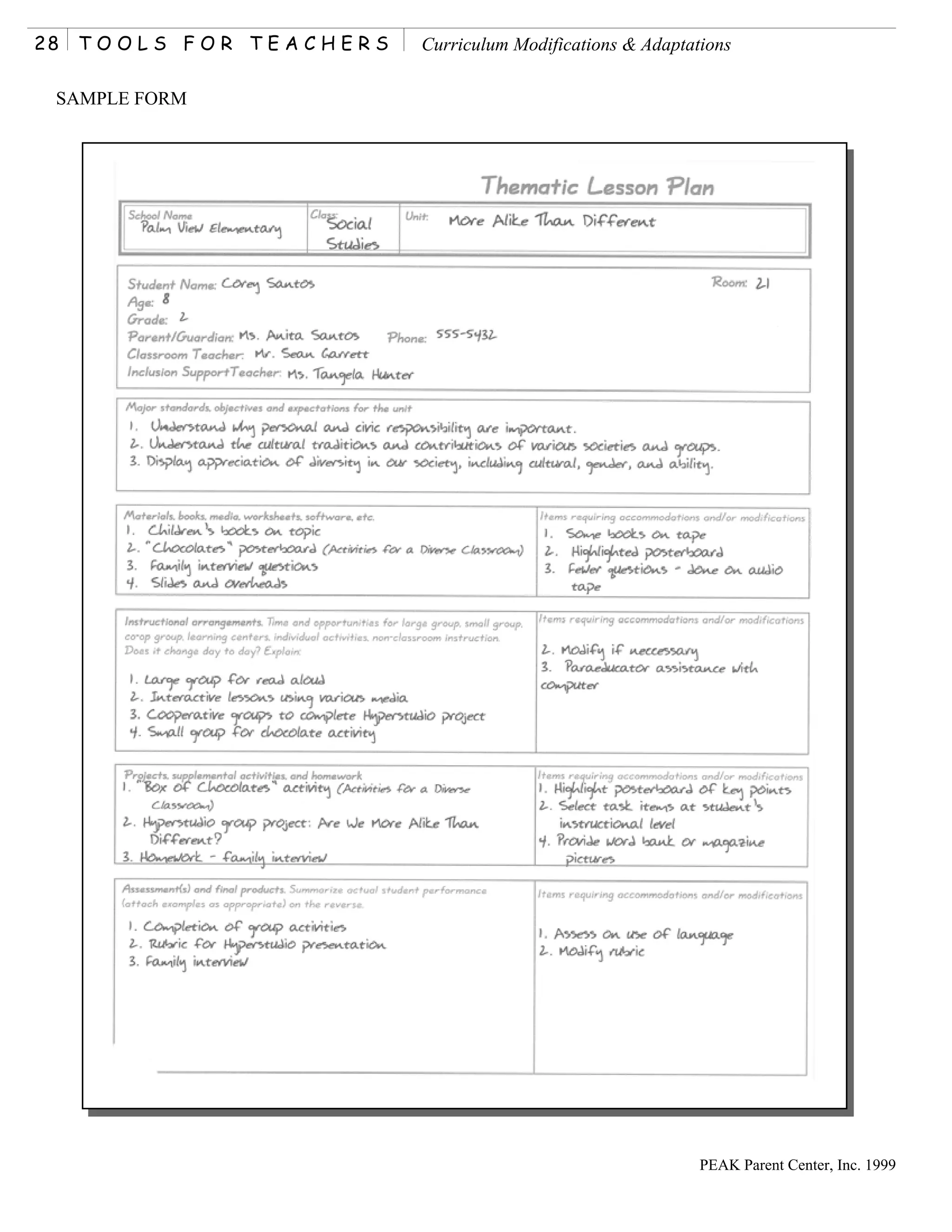 28   TOOLS FOR TEACHERS   Curriculum Modifications & Adaptations

 SAMPLE FORM




                                                            PEAK Parent Center, Inc. 1999
 