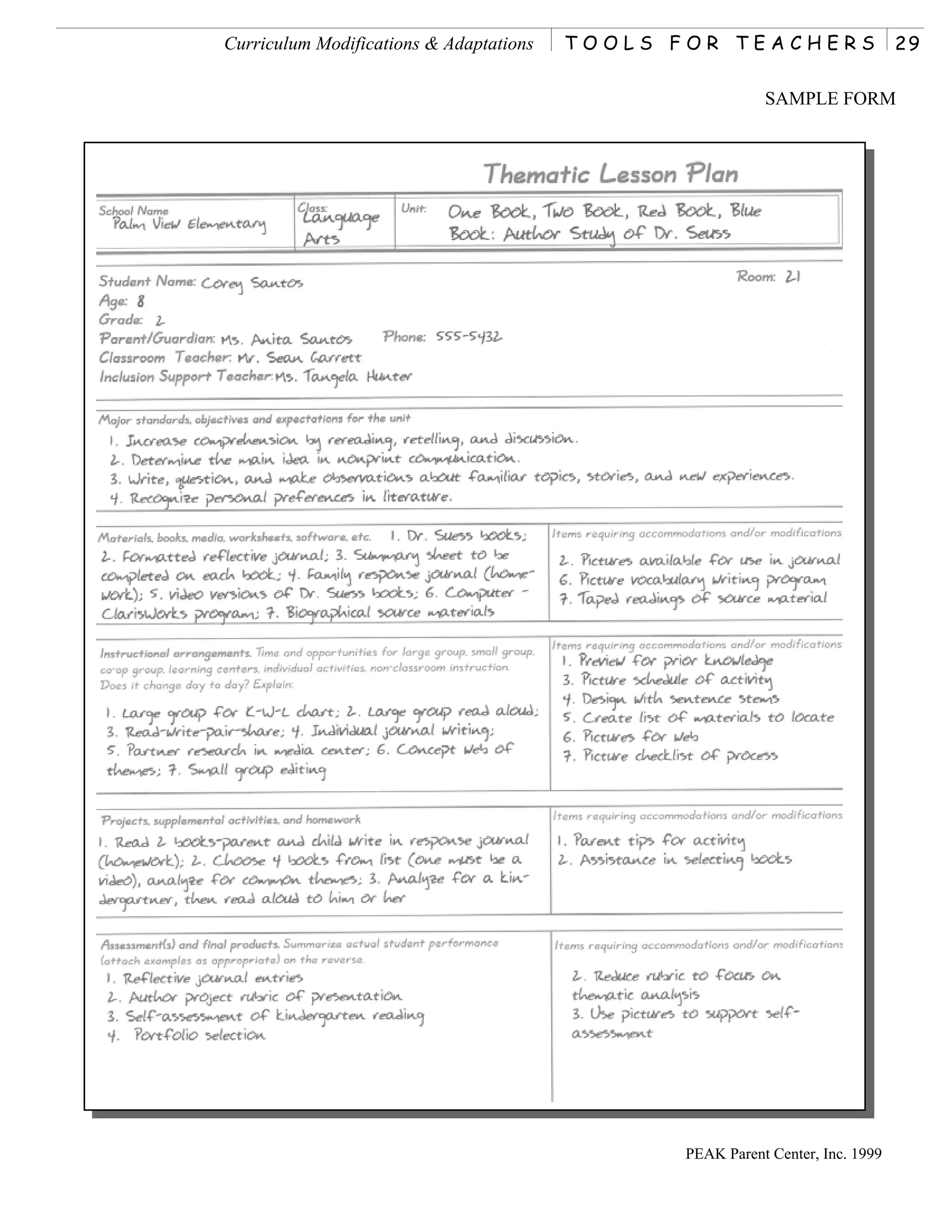Curriculum Modifications & Adaptations   TOOLS FOR TEACHERS                     29

                                                           SAMPLE FORM




                                                PEAK Parent Center, Inc. 1999
 