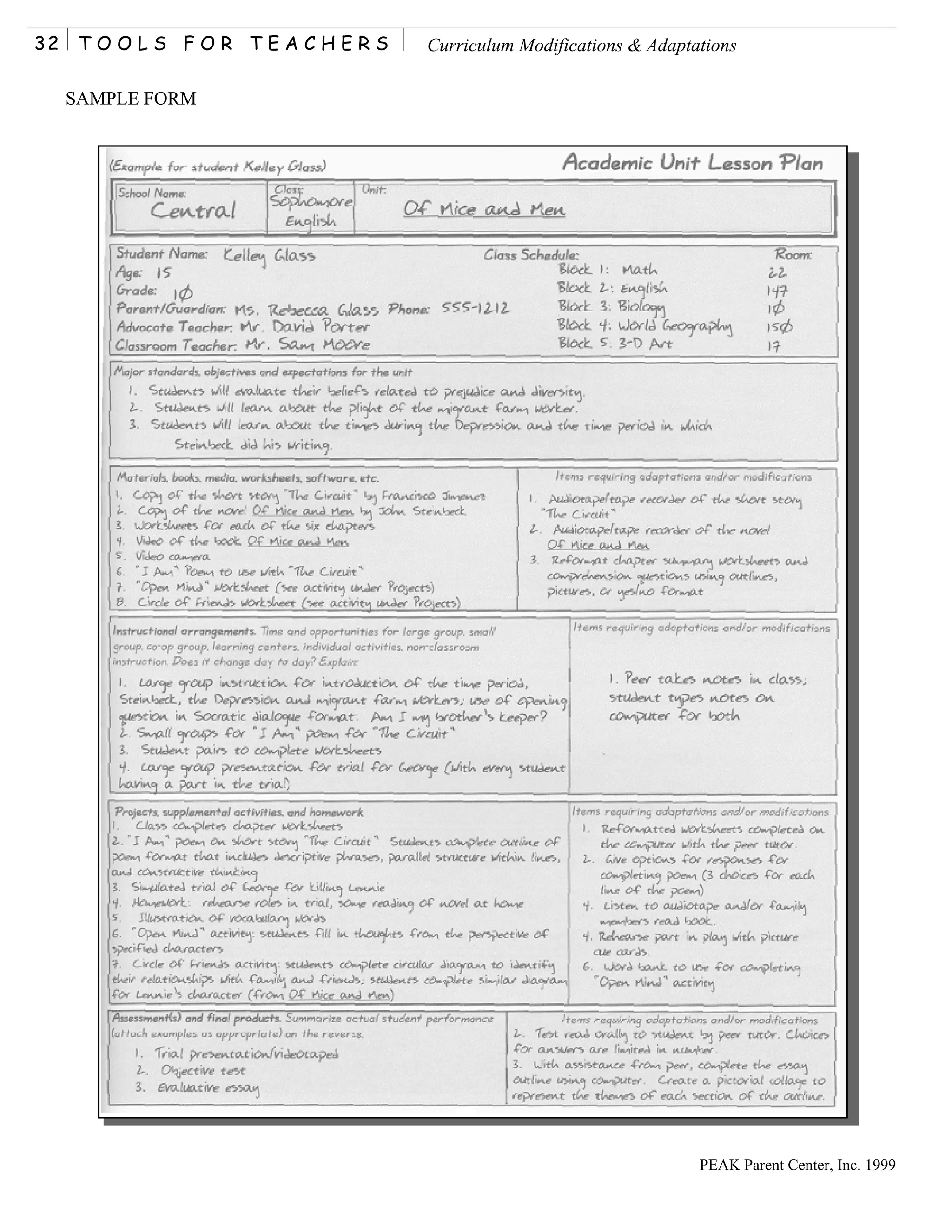 32    TOOLS FOR TEACHERS   Curriculum Modifications & Adaptations

     SAMPLE FORM




                                                            PEAK Parent Center, Inc. 1999
 