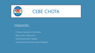 CEBE CHOTA
Integrantes:
- - Chávez Quinteros Lina Silvia.
- - Bravo Díaz Hilda Dina.
- - Díaz Bustamante Gladys.
- - Fustamante Sánchez Dania Milagros.
 