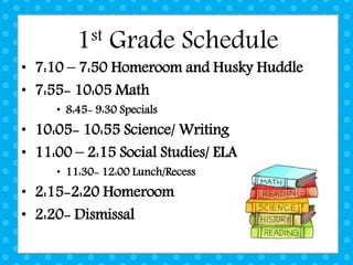 1st Grade Schedule
• 7:10 – 7:50 Homeroom and Husky Huddle
• 7:55- 10:05 Math
• 8:45- 9:30 Specials
• 10:05- 10:55 Science/ Writing
• 11:00 – 2:15 Social Studies/ ELA
• 11:30- 12:00 Lunch/Recess
• 2:15-2:20 Homeroom
• 2:20- Dismissal
 