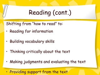 Reading (cont.)
Shifting from “how to read” to:
• Reading for information

• Building vocabulary skills

• Thinking critically about the text

• Making judgments and evaluating the text

• Providing support from the text
 