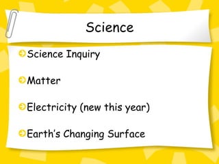 Science
Science Inquiry

Matter

Electricity (new this year)

Earth’s Changing Surface
 