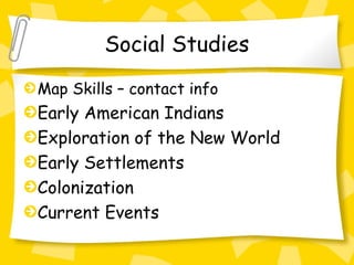 Social Studies
Map Skills – contact info
Early American Indians
Exploration of the New World
Early Settlements
Colonization
Current Events
 