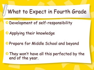 What to Expect in Fourth Grade

Development of self-responsibility

Applying their knowledge

Prepare for Middle School and beyond

They won’t have all this perfected by the
end of the year.
 