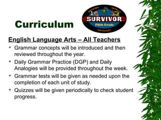 Curriculum
English Language Arts – All Teachers
   Grammar concepts will be introduced and then
    reviewed throughout the year.
   Daily Grammar Practice (DGP) and Daily
    Analogies will be provided throughout the week.
   Grammar tests will be given as needed upon the
    completion of each unit of study.
   Quizzes will be given periodically to check student
    progress.
 