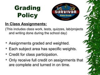 Grading
        Policy
In Class Assignments:
(This includes class work, tests, quizzes, lab/projects
  and writing done during the school day)

   Assignments graded and weighted.
   Each subject area has specific weights.
   Credit for class participation.
   Only receive full credit on assignments that
    are complete and turned in on time.
 