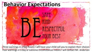 Behavior Expectations
Three warnings in a day means I will have your child call you to explain their choices
Four warnings in a day or extreme circumstances means I will contact Mr. Anderson
 