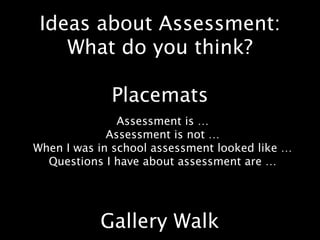 Ideas about Assessment:
    What do you think?

             Placemats
               Assessment is …
             Assessment is not …
When I was in school assessment looked like …
  Questions I have about assessment are …




           Gallery Walk
 