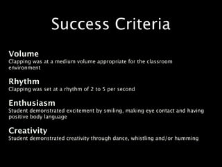 Success Criteria
Volume
Clapping was at a medium volume appropriate for the classroom
environment

Rhythm
Clapping was set at a rhythm of 2 to 5 per second

Enthusiasm
Student demonstrated excitement by smiling, making eye contact and having
positive body language

Creativity
Student demonstrated creativity through dance, whistling and/or humming
 