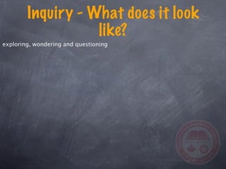 Inquiry - What does it look
                   like?
exploring, wondering and questioning
 