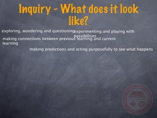 Inquiry - What does it look
                   like?
exploring, wondering and questioningexperimenting and playing with
                                    possibilities
making connections between previous learning and current
learning
             making predictions and acting purposefully to see what happens
 