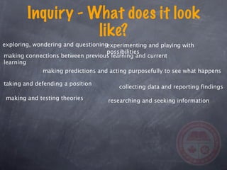 Inquiry - What does it look
                   like?
exploring, wondering and questioningexperimenting and playing with
                                    possibilities
making connections between previous learning and current
learning
             making predictions and acting purposefully to see what happens

taking and defending a position
                                        collecting data and reporting ﬁndings

 making and testing theories        researching and seeking information
 
