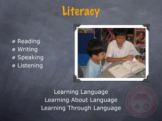 Literacy

Reading
Writing
Speaking
Listening



            Learning Language
         Learning About Language
        Learning Through Language
 
