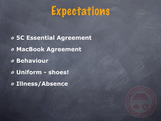 Expectations

5C Essential Agreement

MacBook Agreement

Behaviour

Uniform - shoes!

Illness/Absence
 
