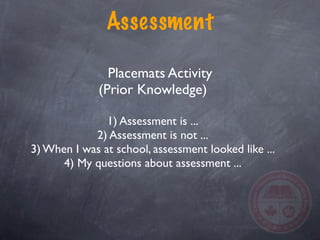 Assessment

                Placemats Activity
              (Prior Knowledge)

               1) Assessment is ...
            2) Assessment is not ...
3) When I was at school, assessment looked like ...
      4) My questions about assessment ...
 
