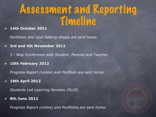 Assessment and Reporting
             Timeline
14th October 2011

Portfolios and Goal Setting sheets are sent home.

3rd and 4th November 2011

3 - Way Conference with Student, Parents and Teacher.

10th February 2012

Progress Report (online) and Portfolio are sent home.

18th April 2012

Students Led Learning Reviews (SLLR)

8th June 2012

Progress Report (online) and Portfolios are sent home.
 