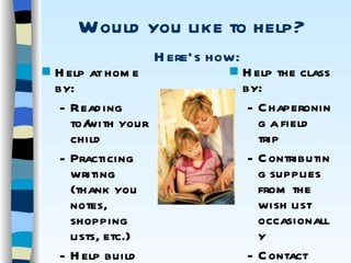 Would you like to help?    Here’s how: Help at home by: Reading to/with your child Practicing writing (thank you notes, shopping lists, etc.) Help build routines, encourage responsibility Help the class by: Chaperoning a field trip Contributing supplies from the wish list occasionally Contact VIS to volunteer  