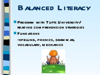 Balanced Literacy Program with Tufts University/ reading comprehension strategies Fundations -spelling, phonics, grammar, vocabulary, mechanics 