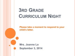 3RD GRADE 
CURRICULUM NIGHT 
Please take a moment to respond to your 
child’s letter. 
Mrs. Joanne Lo 
September 3, 2014 
 