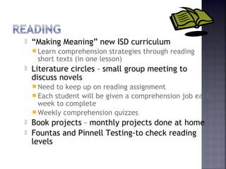  “Making Meaning” new ISD curriculum 
Learn comprehension strategies through reading 
short texts (in one lesson) 
 Literature circles – small group meeting to 
discuss novels 
Need to keep up on reading assignment 
Each student will be given a comprehension job each 
week to complete 
Weekly comprehension quizzes 
 Book projects – monthly projects done at home 
 Fountas and Pinnell Testing-to check reading 
levels 
 