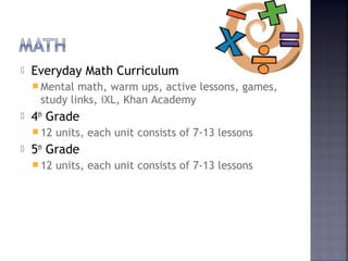  Everyday Math Curriculum 
Mental math, warm ups, active lessons, games, 
study links, iXL, Khan Academy 
 4th Grade 
12 units, each unit consists of 7-13 lessons 
 5th Grade 
12 units, each unit consists of 7-13 lessons 
 