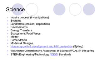 Science
● Inquiry process (investigations)
● Systems
● Landforms (erosion, deposition)
● Environments
● Energy Transfers
● Ecosystems/Food Webs
● Matter
● Force/Motion
● Models & Designs
● Human growth & development and HIV prevention (Spring)
● Washington Comprehensive Assessment of Science (WCAS) in the spring
● STEM/Engineering/Technology NGSS Standards
 