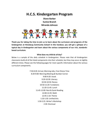 H.C.S. Kindergarten Program 
Diane Barber 
Eunice Branch 
Miranda Johnson 
Thank you for taking the time to join us to learn about the curriculum and programs of the kindergarten at Hinesburg Community School! In this handout, you will get a glimpse of a typical day in kindergarten and learn about the various components of our rich, standards- based curriculum. 
What does my child do all day? 
Below is a sample of the daily schedule in kindergarten. Please note that all kindergarten classrooms build all of the listed components into their schedule, but they may occur at slightly different times. Please see the following pages for more specific information about the various curriculum components. 
7:50-8:20: Arrival, Morning Jobs, Free Choice Time 
8:20-9:00: Morning Meeting & Number Corner 
9:00-9:20: Snack 
9:20-10:30: Literacy 
10:30-10:50: Recess 
10:50-11:20: Fundations 
11:20-11:45: Lunch 
11:45-12:00: Rest & Quiet Reading 
12:00-12:45: Math 
12:45-1:10: Theme 
1:10-1:50: Unified Arts 
1:50-2:25: Writer’s Workshop 
2:30: Dismissal 
 