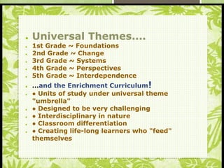 S
● Universal Themes....
● 1st Grade ~ Foundations
● 2nd Grade ~ Change
● 3rd Grade ~ Systems
● 4th Grade ~ Perspectives
● 5th Grade ~ Interdependence
● ...and the Enrichment Curriculum!
● ● Units of study under universal theme
"umbrella"
● ● Designed to be very challenging
● ● Interdisciplinary in nature
● ● Classroom differentiation
● ● Creating life-long learners who "feed"
themselves
 