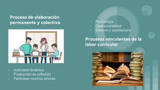 Proceso de elaboración
permanente y colectiva
- Actividad dinámica
- Producción de reflexión
- Participan muchos actores
Procesos vinculantes de la
labor curricular
- Pertinencia
- Operacionalidad
- Efectivo y satisfactorio
 