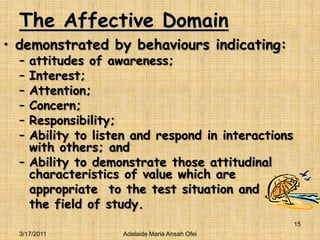The Affective Domaindemonstrated by behaviours indicating: attitudes of awareness; Interest;Attention; Concern;Responsibility;Ability to listen and respond in interactions with others; and Ability to demonstrate those attitudinal characteristics of value which are 	appropriate  to the test situation and 	the field of study.3/16/201115Adelaide Maria Ansah Ofei