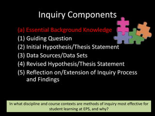 Inquiry Components
    (a) Essential Background Knowledge
    (1) Guiding Question
    (2) Initial Hypothesis/Thesis Statement
    (3) Data Sources/Data Sets
    (4) Revised Hypothesis/Thesis Statement
    (5) Reflection on/Extension of Inquiry Process
        and Findings


In what discipline and course contexts are methods of inquiry most effective for
                       student learning at EPS, and why?
 