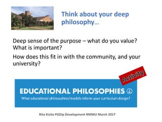 Think about your deep
philosophy…
Deep sense of the purpose – what do you value?
What is important?
How does this fit in w...
