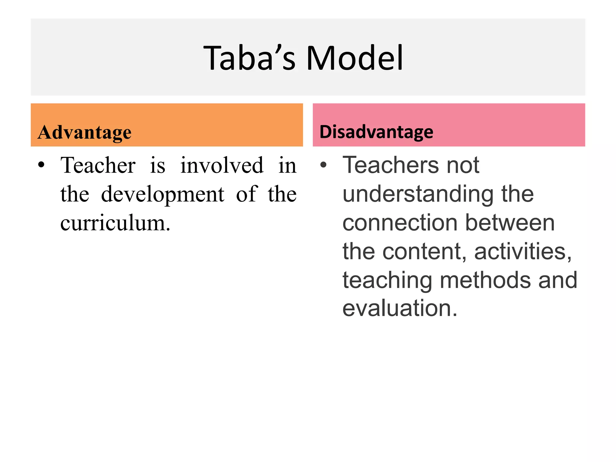 Taba’s Model
Advantage
• Teacher is involved in
the development of the
curriculum.
Disadvantage
• Teachers not
understanding the
connection between
the content, activities,
teaching methods and
evaluation.
 