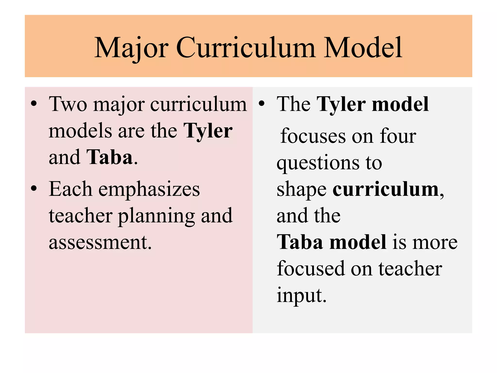 Major Curriculum Model
• Two major curriculum
models are the Tyler
and Taba.
• Each emphasizes
teacher planning and
assessment.
• The Tyler model
focuses on four
questions to
shape curriculum,
and the
Taba model is more
focused on teacher
input.
 