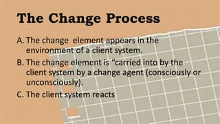 A. The change element appears in the
environment of a client system.
B. The change element is “carried into by the
client system by a change agent (consciously or
unconsciously).
C. The client system reacts
The Change Process
 