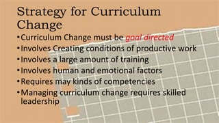 Strategy for Curriculum
Change
•Curriculum Change must be goal directed
•Involves Creating conditions of productive work
•Involves a large amount of training
•Involves human and emotional factors
•Requires may kinds of competencies
•Managing curriculum change requires skilled
leadership
 