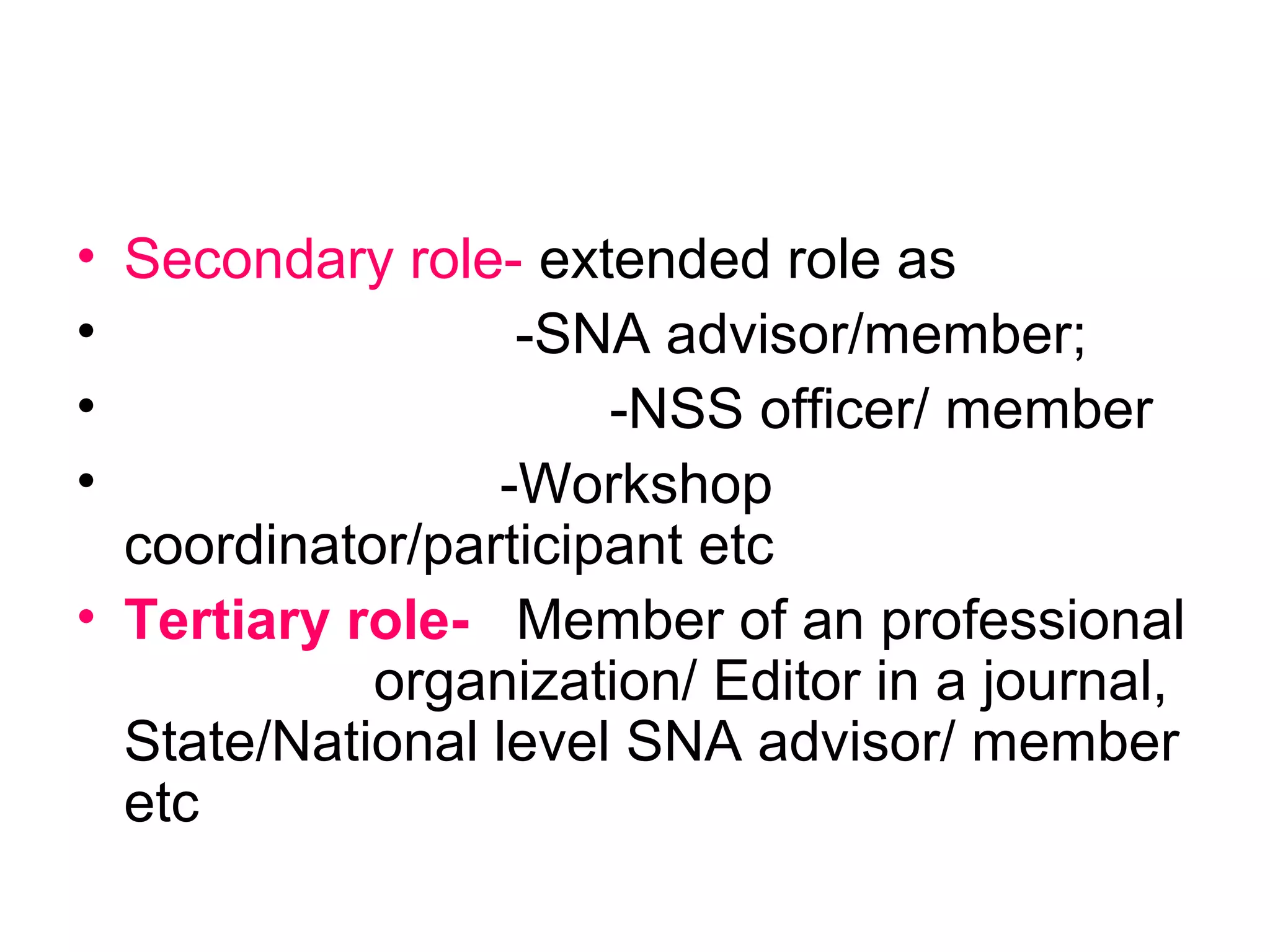 • Secondary role- extended role as
• -SNA advisor/member;
• -NSS officer/ member
• -Workshop
coordinator/participant etc
• Tertiary role- Member of an professional
organization/ Editor in a journal,
State/National level SNA advisor/ member
etc
 