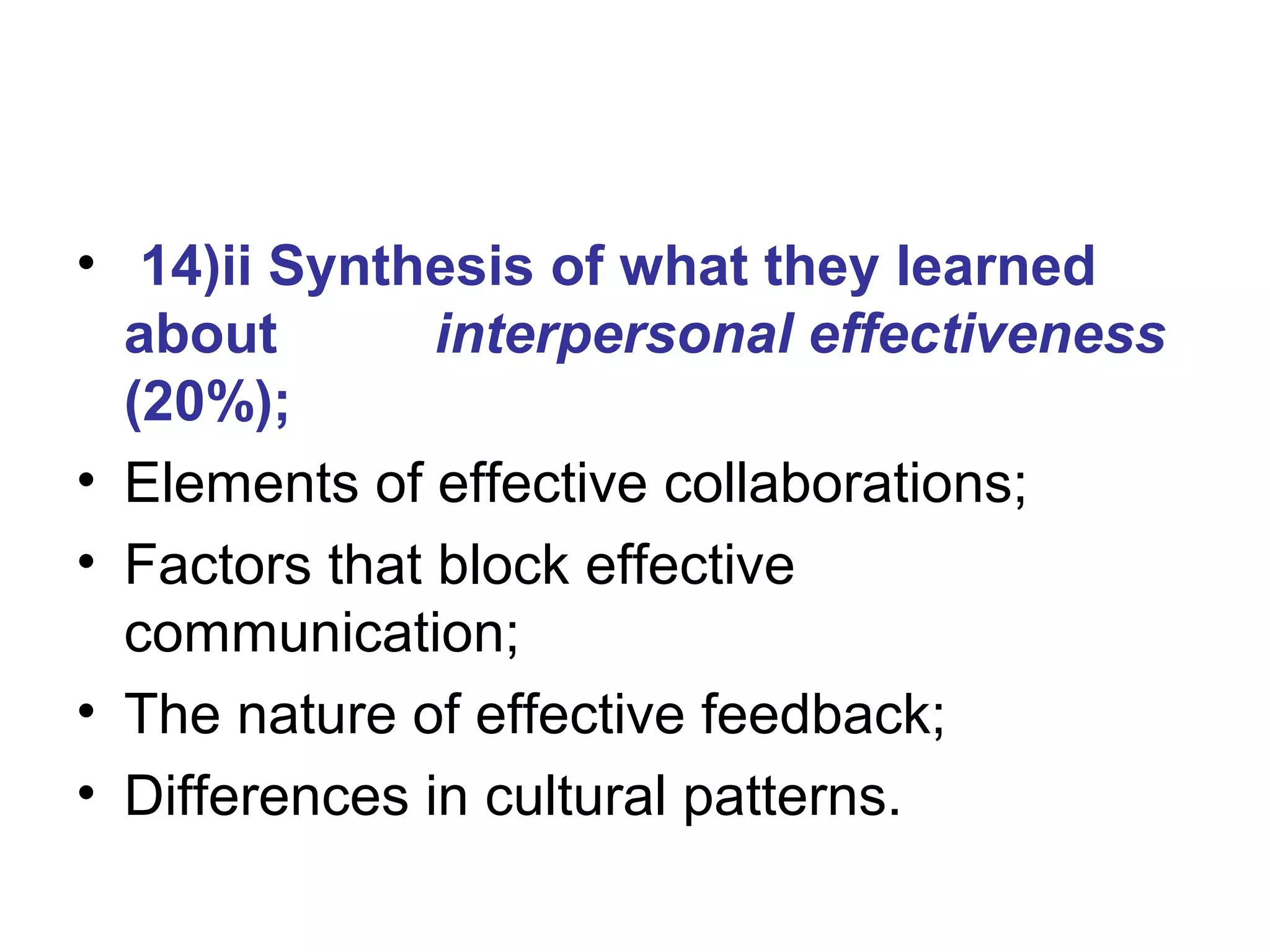 • 14)ii Synthesis of what they learned
about interpersonal effectiveness
(20%);
• Elements of effective collaborations;
• Factors that block effective
communication;
• The nature of effective feedback;
• Differences in cultural patterns.
 