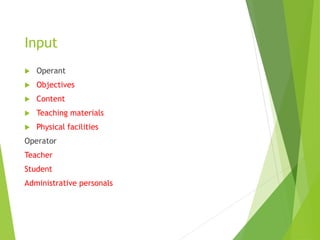 Input
 Operant
 Objectives
 Content
 Teaching materials
 Physical facilities
Operator
Teacher
Student
Administrative personals
 