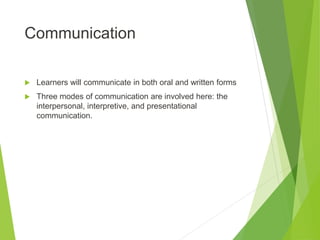 Communication
 Learners will communicate in both oral and written forms
 Three modes of communication are involved here: the
interpersonal, interpretive, and presentational
communication.
 