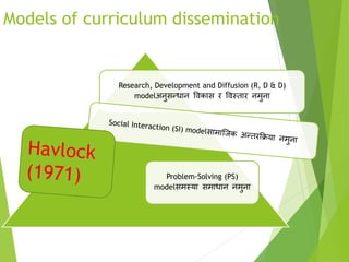 Models of curriculum dissemination
Research, Development and Diffusion (R, D & D)
modelअनुसन्धान विकास र विस्तार नमुना
Problem-Solving (PS)
modelसमस्या समाधान नमुना
 