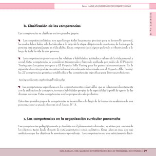 DOCUMENTONo.8
>> 29GUÍA PARA EL USO, MANEJO E INTERPRETACIÓN DE LOS PROGRAMAS DE ESTUDIO
Serie: HACIA UN CURRÍCULO POR COMPETENCIAS
b.	Clasificación de las competencias
Las competencias se clasifican en tres grandes grupos:
{ Las competencias básicas son aquellas que todas las personas precisan para su desarrollo personal,
las cuales deben haber sido fortalecidas a lo largo de la etapa obligatoria de enseñanza, de forma que la
persona esté preparada para su vida adulta. Estas competencias se siguen puliendo y robusteciendo a lo
largo de toda la vida de una persona.
{ Las competencias genéricas son las relativas a habilidades, actitudes y valores de la vida personal y
social. Estas competencias se consideran transversales y han sido unificada por medio de El Proyecto
Tuning para los países europeos y El Proyecto Alfa Tuning para los países latinoamericanos. En la
siguiente dirección podrás encontrar información relevante relacionada con el Proyecto Alfa Tuning,
las 27 competencias genéricas establecidas y las competencias específicas para diversas profesiones.
tuning.unideusto.org/tuningal/index.php
{ Las competencias específicas son los comportamientos observables que se relacionan directamente
con la utilización de conceptos, teorías o habilidades propias de la especialidad o perfil de egreso de las
diversas carreras. Estas competencias son las propias de cada profesión.
Estos tres grandes grupos de competencias se desarrollan a lo largo de la formación académica de una
persona, como se puede observar en el Anexo N° 3.
c. Las competencias en la organización curricular panameña
Las competencias pedagógicamente y- también en el planeamiento docente- se sitúan por encima de
los objetivos tanto desde el punto de vista cuantitativo como cualitativo. Estas abarcan más, son más
ambiciosas que los objetivos de enseñanza-aprendizaje. Las competencias no son estrictamente disci-
 