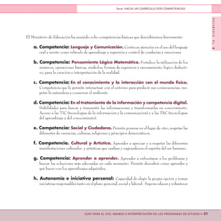 DOCUMENTONo.8
>> 31GUÍA PARA EL USO, MANEJO E INTERPRETACIÓN DE LOS PROGRAMAS DE ESTUDIO
Serie: HACIA UN CURRÍCULO POR COMPETENCIAS
El Ministerio de Educación ha asumido ocho competencias básicas que describiremos brevemente:
a. Competencia: Lenguaje y Comunicación. Centra su atención en el uso del lenguaje
oral y escrito como vehículo de aprendizaje y expresión y control de conductas y emociones.
b. Competencia: Pensamiento Lógico Matemático. Fortalece la utilización de los
números, operaciones básicas, símbolos, formas de expresión y razonamiento lógico deducti-
vo, para la creación e interpretación de la realidad.
c. Competencia: En el conocimiento y la interacción con el mundo físico.
Competencia que le permite interactuar con el entorno para predecir sus consecuencias, res-
petar la naturaleza y conservar el ambiente.
d. Competencia: En el tratamiento de la información y competencia digital.
Habilidades para buscar y transmitir las informaciones y transformarlas en conocimiento.
Acceso a las TIC (tecnologías de la información y la comunicación) y a las TAC (tecnologías
del aprendizaje y del conocimiento).
e. Competencia: Social y Ciudadana. Permite ponerse en el lugar de otro, respetar las
diferentes de creencias, culturas, religiones y principios democráticos.
f. Competencia. Cultural y Artística. Aprender a apreciar y a respetar las diferentes
manifestaciones culturales y artísticas que exaltan y engrandecen el espíritu del ser humano.
g. Competencia: Aprender a aprender. Aprender a enfrentarse a los problemas y
buscar las soluciones más adecuadas en cada momento. Permite descubrir cómo aprender y
qué hacer con los aprendizajes adquiridos.
h. Autonomía e iniciativa personal: Capacidad de elegir la propia opción y tomar
iniciativas responsables tanto en el plano personal, social y laboral. Supone educar y robustecer
 