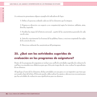 DOCUMENTONo.8
46 <<Serie: HACIA UN CURRÍCULO POR COMPETENCIAS
GUÍA PARA EL USO, MANEJO E INTERPRETACIÓN DE LOS PROGRAMAS DE ESTUDIO
A continuación presentamos algunos ejemplos de indicadores de logro.
1. Define a la persona cuidando cada uno de los elementos que la integran.
2. Expresa su ubicación con respecto a un compañero(a) según los términos: adelante, atrás,
derecha, izquierda.
3. Nombra las etapas de la historia universal, a partir de las características generales de cada
una de estas.
4. Articula correctamente los fonemas de las palabras, frases y oraciones respetando las reglas
de la correcta dicción.
5. Menciona oralmente las características del pentagrama.
35.	 ¿Qué son las actividades sugeridas de
evaluación en los programas de asignatura?
Dentro de los programas de asignatura se incluyó una casilla de actividades sugeridas de evaluación la
cual hace recomendaciones didácticas para que el docente tenga idea de cómo evaluar los aprendizajes
de sus alumnos.
Al igual que el resto de los elementos, dichas actividades son una guía y no un imperativo que tiene que
ser tomado al pie de la letra. El docente puede y debe realizar los ajustes y adecuaciones necesarias para
que las actividades de evaluación sean significativas para sus alumnos.
 