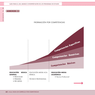 DOCUMENTONo.8
62 <<Serie: HACIA UN CURRÍCULO POR COMPETENCIAS
GUÍA PARA EL USO, MANEJO E INTERPRETACIÓN DE LOS PROGRAMAS DE ESTUDIO
FRORMACIÓN POR COMPETENCIAS
EDUCACIÓN BÁSICA
GENERAL
• PRESCOLAR
• PRIMARIA
• PRE MEDIA
EDUCACIÓN MEDIA ACA-
DÉMICA
TÉCNICO PROFESIONAL
EDUCACIÓN MEDIA
ACADÉMICA
• Técnico Profesional
Competencias Básicas
Competencias Específicas
Competencias Genéricas
ANEXOS 3
 