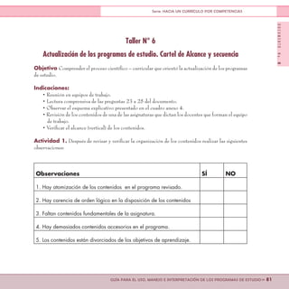 DOCUMENTONo.8
>> 81GUÍA PARA EL USO, MANEJO E INTERPRETACIÓN DE LOS PROGRAMAS DE ESTUDIO
Serie: HACIA UN CURRÍCULO POR COMPETENCIAS
Taller N° 6
Actualización de los programas de estudio. Cartel de Alcance y secuencia
Objetivo Comprender el proceso científico – curricular que orientó la actualización de los programas
de estudio.
Indicaciones:
• Reunión en equipos de trabajo.
• Lectura comprensiva de las preguntas 23 a 25 del documento.
• Observar el esquema explicativo presentado en el cuadro anexo 4.
• Revisión de los contenidos de una de las asignaturas que dictan los docentes que forman el equipo
de trabajo.
• Verificar el alcance (vertical) de los contenidos.
Actividad 1. Después de revisar y verificar la organización de los contenidos realizar las siguientes
observaciones:
Observaciones SÍ NO
1. Hay atomización de los contenidos en el programa revisado.
2. Hay carencia de orden lógico en la disposición de los contenidos
3. Faltan contenidos fundamentales de la asignatura.
4. Hay demasiados contenidos accesorios en el programa.
5. Los contenidos están divorciados de los objetivos de aprendizaje.
 