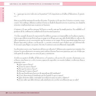 DOCUMENTONo.8
84 <<Serie: HACIA UN CURRÍCULO POR COMPETENCIAS
GUÍA PARA EL USO, MANEJO E INTERPRETACIÓN DE LOS PROGRAMAS DE ESTUDIO
Y… ¿para qué me sirve todo esto en la práctica? “si lo importante es el taller, el laboratorio, lo prácti-
co…”
Esta es una de las máximas de muchos docentes: “lo práctico es lo que sirve, lo teórico es inerte e inne-
cesario”. Sin embargo, debemos analizar el tema no desde la disyuntiva teoría vs práctica, sino desde la
armonía complementaría que se genera en la praxis.
Contrario a lo que muchos piensan, la Praxis es mucho más que la simple práctica. En realidad es el
producto de la combinación cuidadosa de la teoría más la práctica.
Un claro ejemplo de praxis lo representan los edificios, porque son impensables sin los planos arquitec-
tónicos que elabora un profesional que no pega ni un bloque, pero que sabe dónde deben ir cada uno de
ellos y garantiza con su conocimiento que los mismos no se caigan. Es tan importante pegar bien esos
bloques (que estén a plomo, con la mezcla o concreto correctos) como el plano que nos informa todo
lo necesario para llegar a ese punto. Sin éste, lo anterior sería sencillamente impensable.
Los docentes somos como “arquitectos del proceso educativo”, debemos preocuparnos por enseñar a los
jóvenes los procedimientos necesarios para realizar diversas funciones prácticas, pero sin olvidar que
todo parte de un plano que nos sirve de guía y orientación.
A todos nos gusta ir al taller, al laboratorio, a lo práctico, a la acción a lo concreto, al gimnasio y eso
es bueno, muy bueno sí, y sólo si somos capaces de responder con nuestro trabajo y evidencias claras a
preguntas como:
• ¿Qué vamos a hacer?
• ¿Cómo lo vamos a hacer?
• ¿Por qué lo vamos a hacer?
• ¿Para qué lo vamos a hacer?
• ¿En que beneficiará al proceso de aprendizaje del estudiante?
• ¿Cómo demostrará el estudiante que ha logrado lo que se espera?
• ¿Qué elementos debe contemplar mi evaluación para ser justo y objetivo?
• ¿Cómo saber qué debe reforzar cada estudiante sin concluir sencillamente que no sabe?
 
